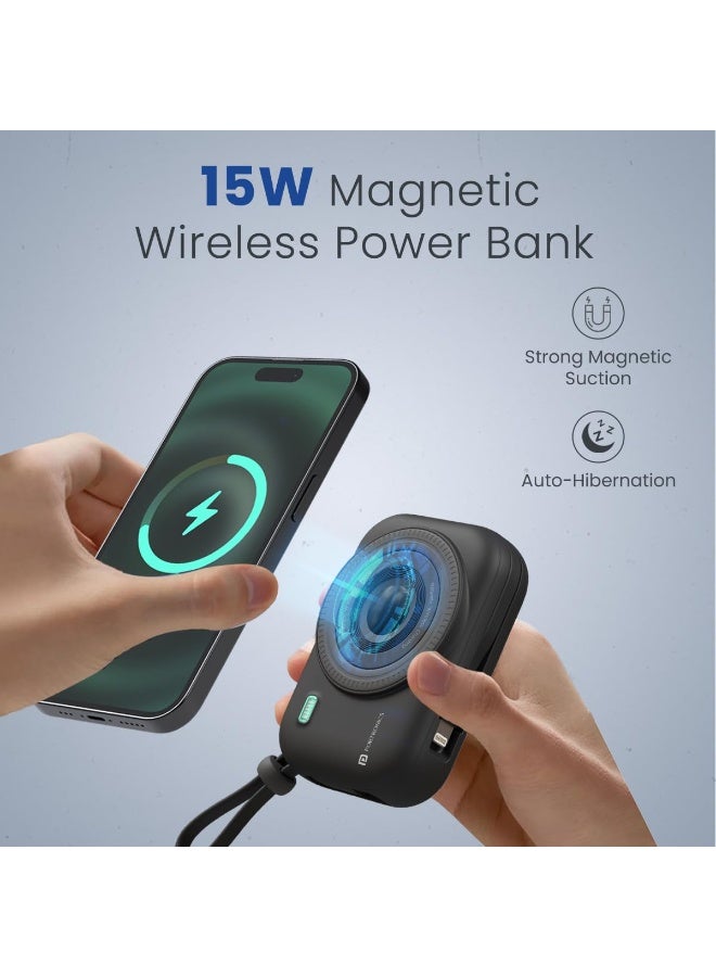 بورترونيكس Portronics Power Shutter 10000mAh 15W Magnetic Wireless Fast Charging Powerbank with in-Built Type C & 8 Pin Cable, 22.5W Type C PD Output, Type C Bidirectional Port, LED Display (Black) - Image 3